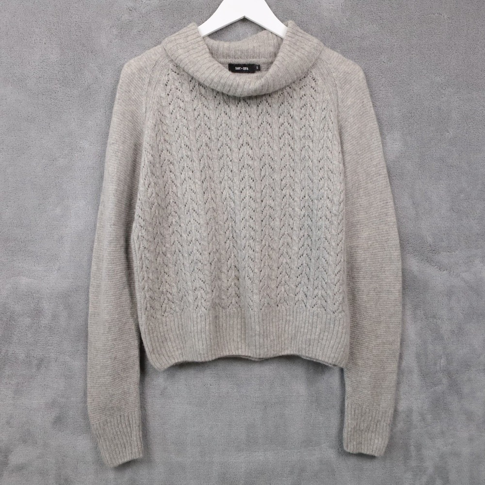 SAINT + SOFIA Alpaca Wool Pointelle Cable Knit Sweater Cowl‎ High Neck Gray Sz S